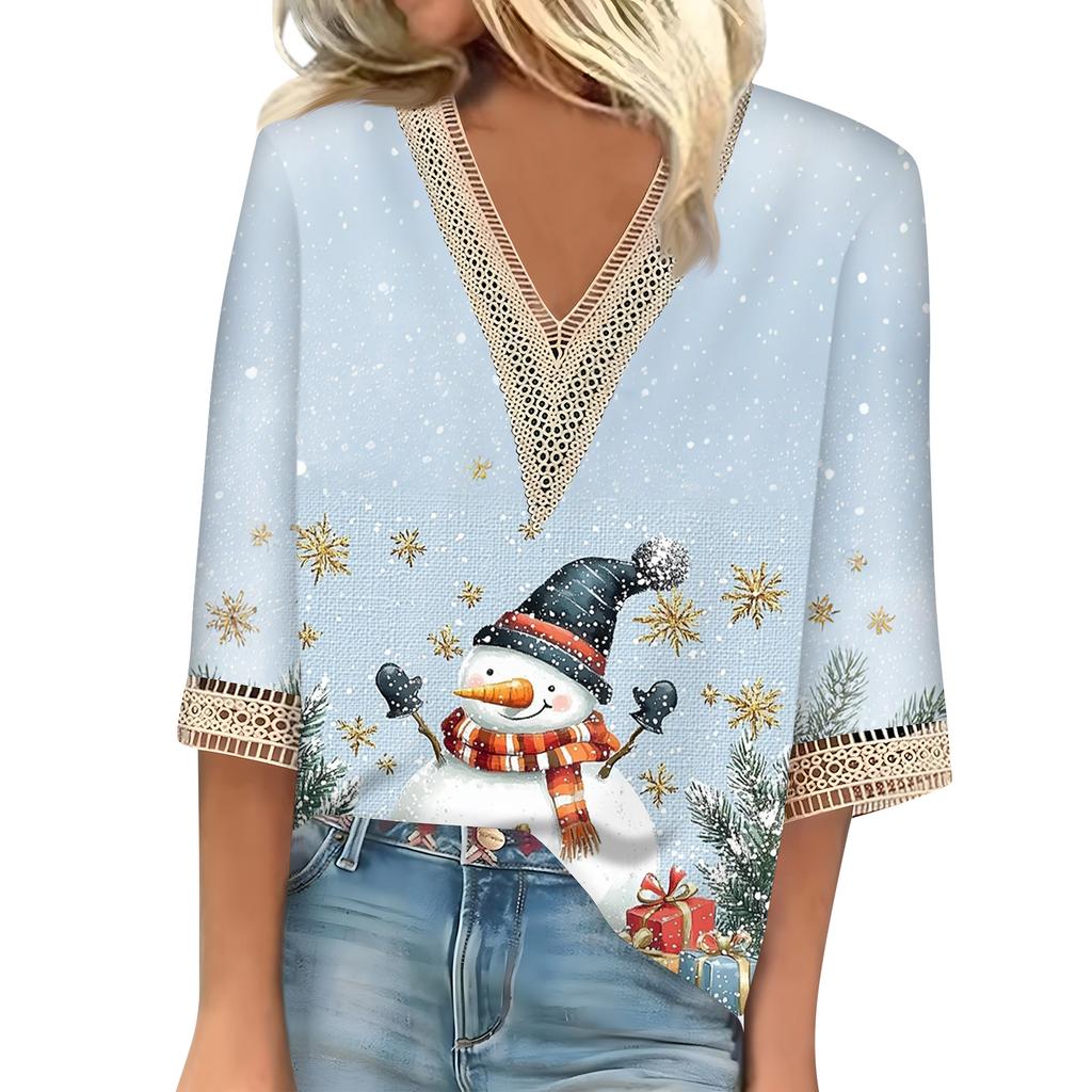 Women's Loose Casual Three-quarter Sleeve V-neck Lace Loose Christmas Print T-shirt Top