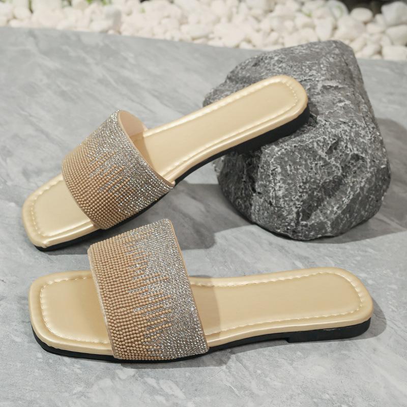 

Flat-bottomed beach French open-toed slippers fashionable outer wear new one-word summer rhinestone sandals 43 золотий