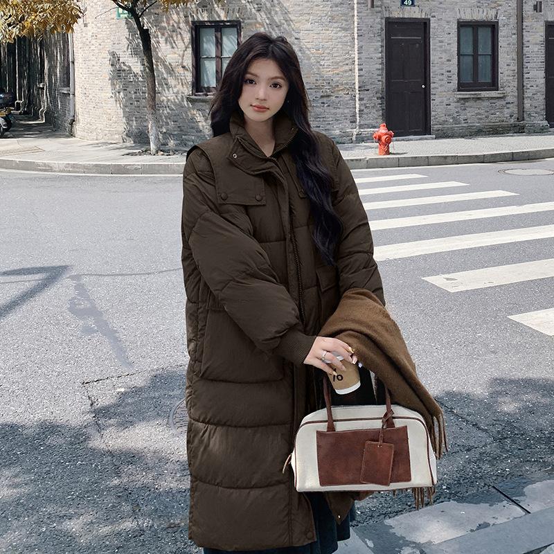 

Хлопковая одежда женская 2025 зима новая средней длины большие карманы выше колена утолщенная свободная темно-синяя куртка из хлопка с воротником инс XL кофейный