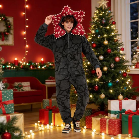 Winter Unisex Karnivorenblume Einteiler Pyjama Flanell Einteilige Nachtwäsche Langärmelig Kapuze Weihnachten PJs Loungewear