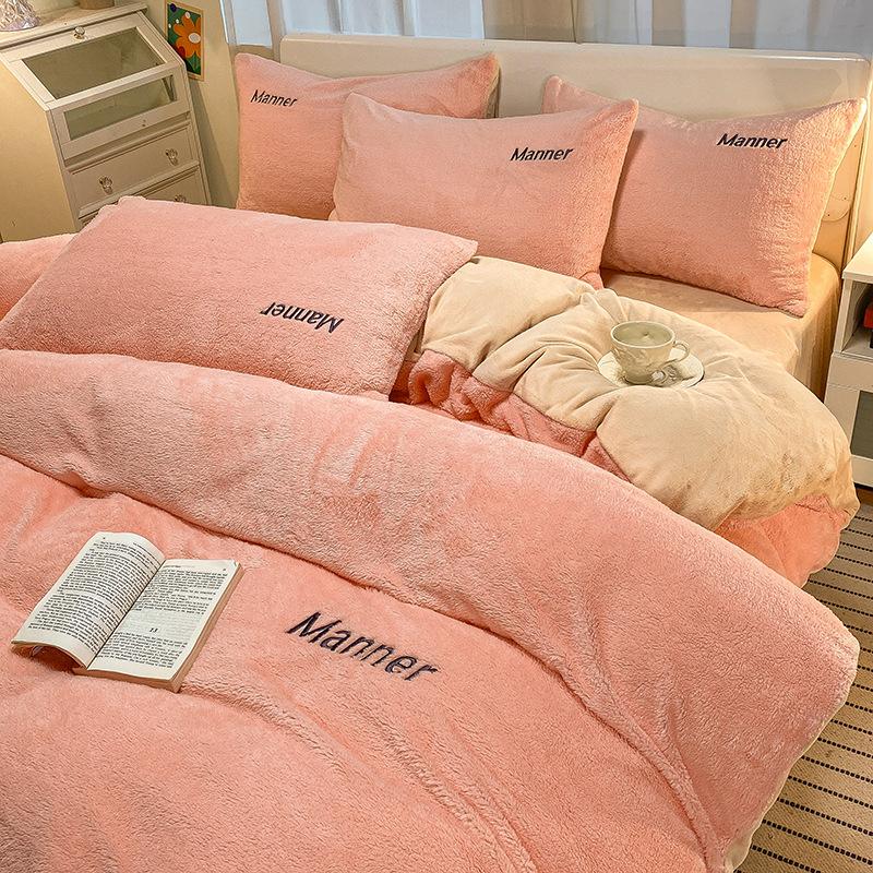 Thickened Milk Fleece Bed Set Four-piece Coral Fleece Winter Fleece Bed Sheet Double-sided Fleece Quilt Cover