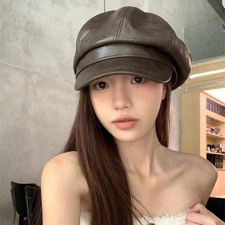 Korean PU Leather Beret - Octagonal Peaked Hat for Women, British Style Painter Cap Autumn Winter Fashion