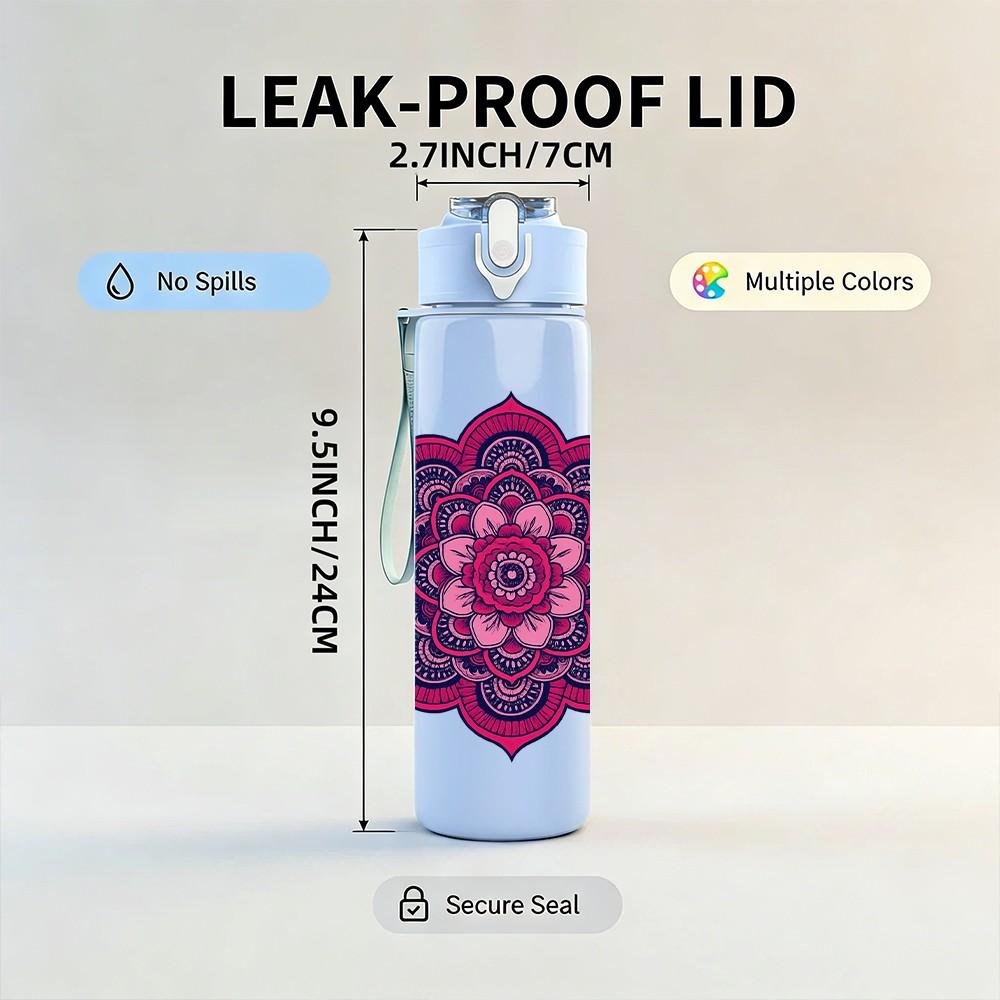 1PC Purple Mandala Flower Art 750ml Color Plastic Sports Water Bottle Leakproof Flip Straw Lid Suitable for Sports Office Home Use