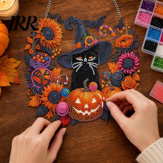 Kreatives Stressabbau-Bastelset Schwarz Katze Mond Strassstein Malerei Kit, Halloween Facettierte Kunstkristall Hängende Dekoration, 3D Ornament DIY Bastel Fenster Dekor