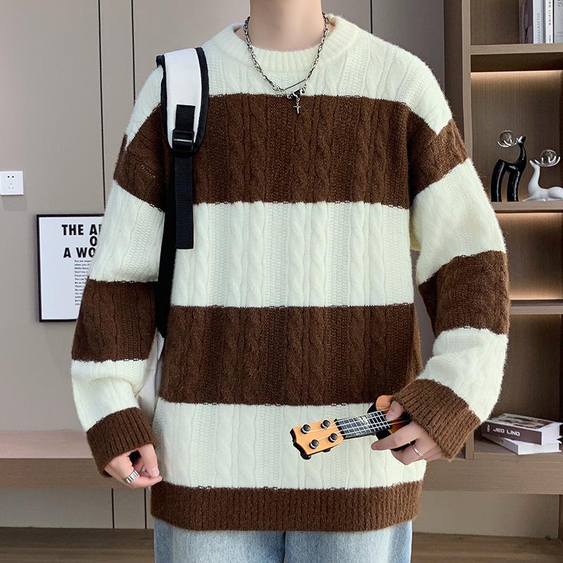 Autumn Winter Men's Striped Color Block Round Neck Pullover, Casual Japanese Retro Hong Kong Style Knitwear.