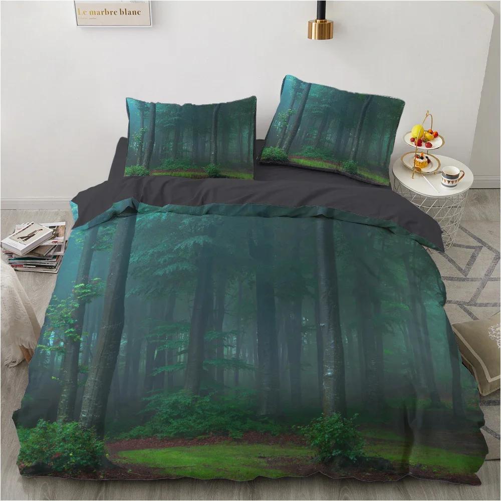 Natural Landscape King Queen Duvet Cover Comic Ink Painting Style Bedding Set Adults Tree Mountain River Polyester Quilt Cover