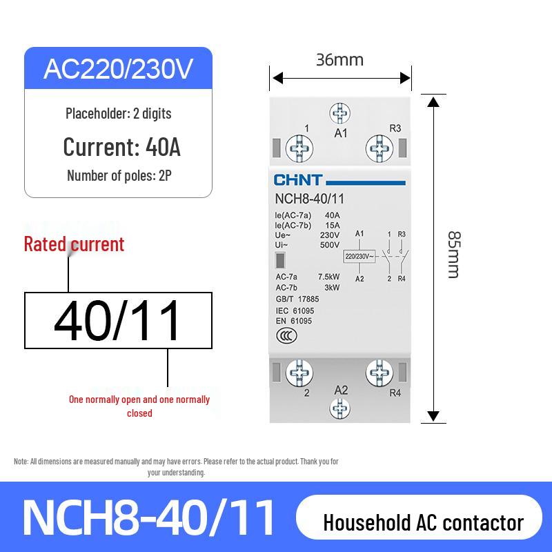Chint NCH8-20/20 Silent AC Contactor, Single-Phase, 220V, 24V DIN Rail Mount