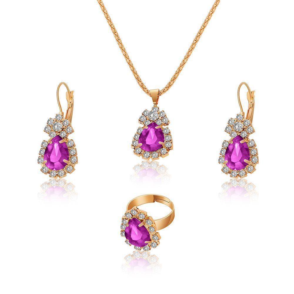Wholesale Bridal Jewelry Set Ins Water Drop Rhinestone Necklace Earrings Ring Set