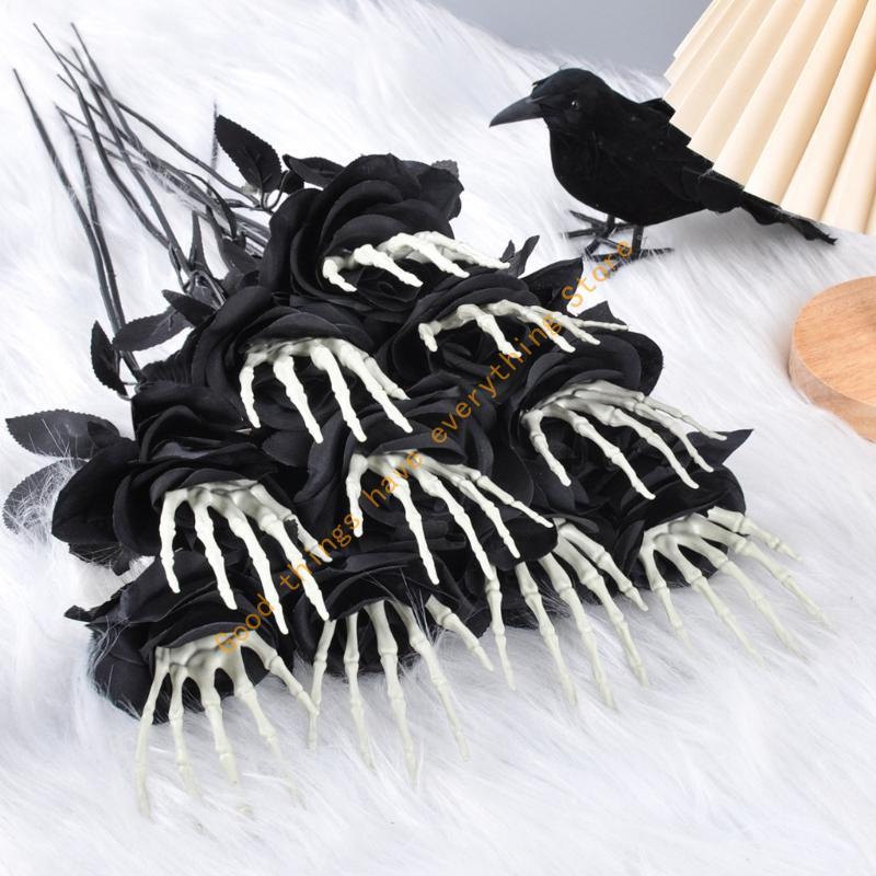 Adjustable Skeleton Hand Rose Stem Halloween Decoration Silk Floral Display For Home Office Haunting House Themes 55KF
