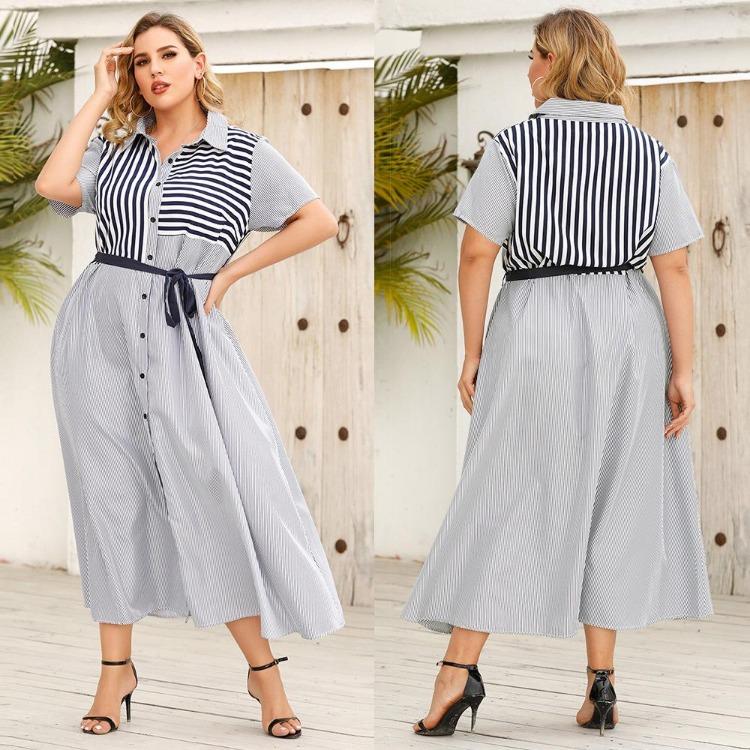 Plus Size Women Summer Striped Short Sleeve Tie Shirt Dress XL 2XL 3XL 4XL