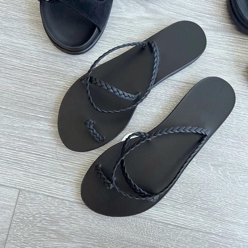 Woven one-word with flat-soled sandals women's leather niche design simple set of toe sandals