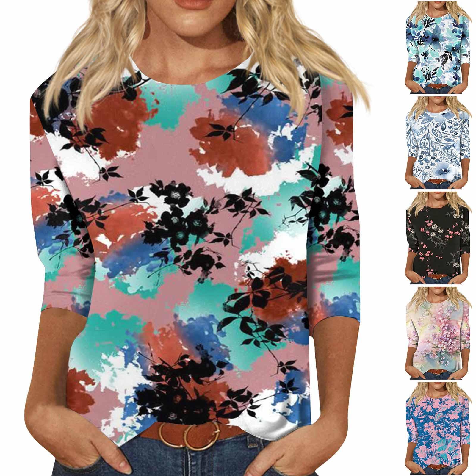 

Женская модная повседневная футболка с круглым вырезом и пуловером с седьмым рукавом и принтом