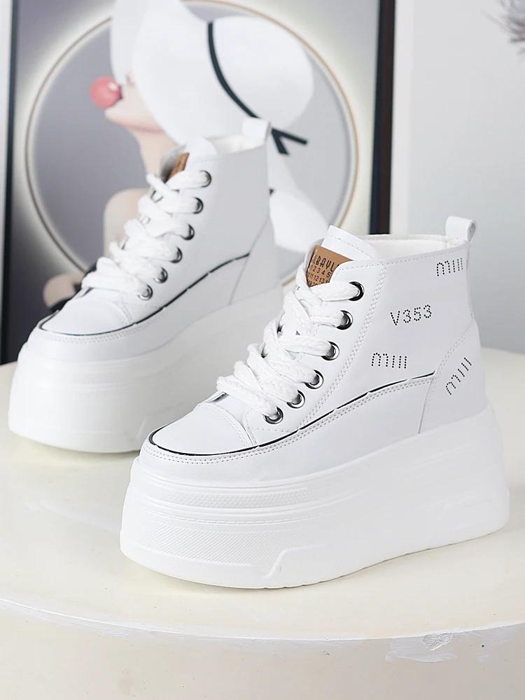 Fashion 12CM Genuine Leather Vulcanize Ankle Booties Women Chunky Sneaker Loafer High Brand Comfy Spring Autumn Platform Shoes