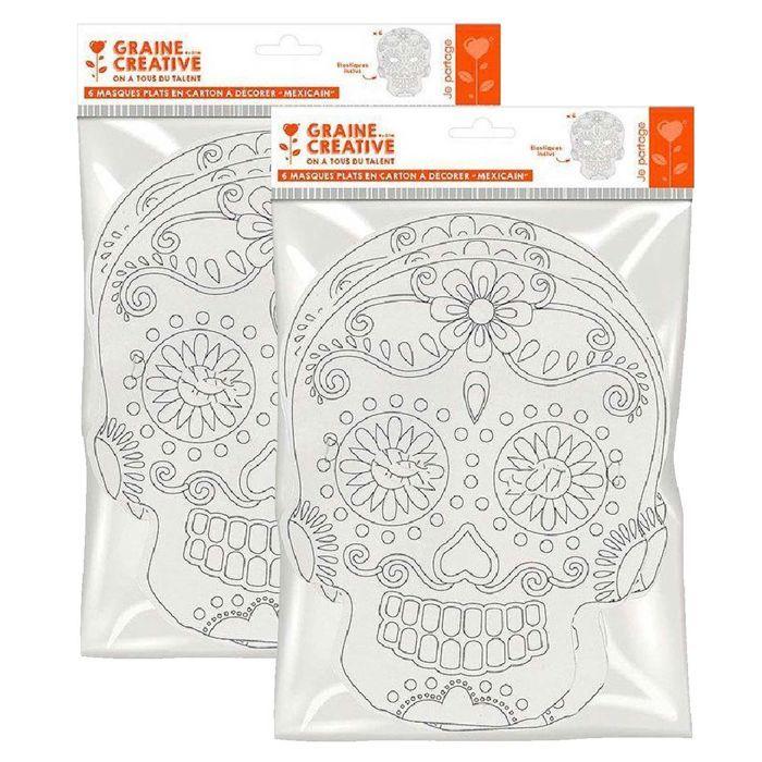 12 masques plats en carton à colorier - Calavera mexicaine