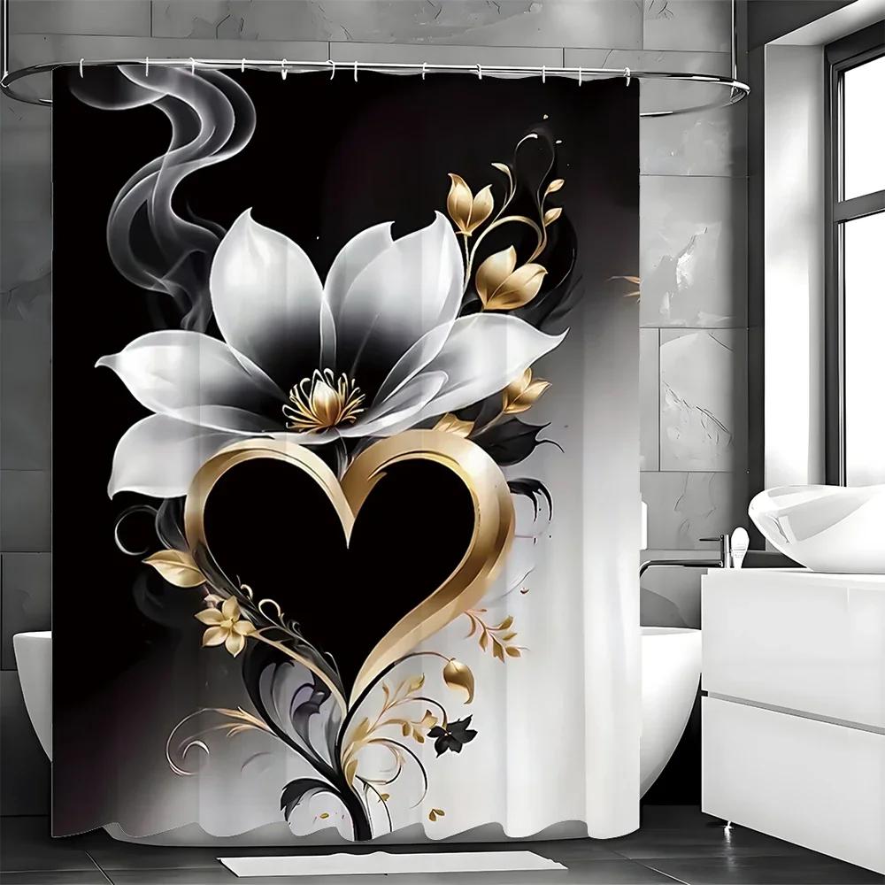 ~O~Flower Heart Shower Curtain, Bathroom Decorative Shower Curtain, Waterproof Shower Curtain with Hooks