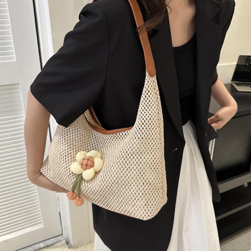 Women Shoulder Bag Braided Flower Decor Hollow Underarm Bag Large Capacity Baggy Large Mouth Vacation Holiday Beach Bag Lady Handbag less