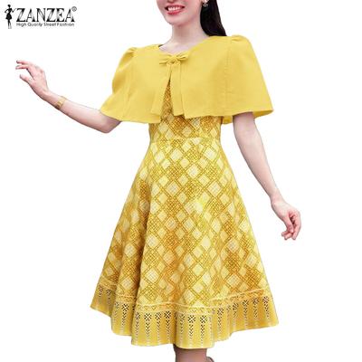 Women Summer Round Neck Short Sleeve Geometry Print A-line Dress