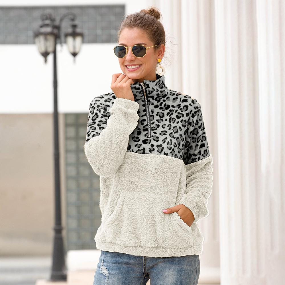 

Женские толстовки Топ на молнии с лацканами Двусторонний бархат Леопардовый принт Стеганый свитер Женский XL