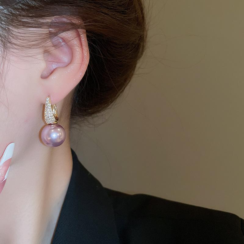 Super Flash Diamond Purple Flower Pearl Stud Earrings French Earrings
