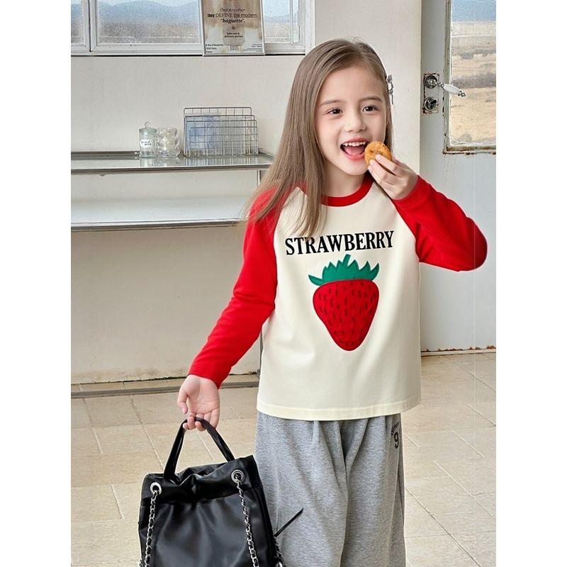 Girls' New Spring Korean-Style Brand Foreign Trade Children's Clothing, Children's Patchwork Strawberry Pure Cotton Long-Sleeve T-Shirt Baby Clothes