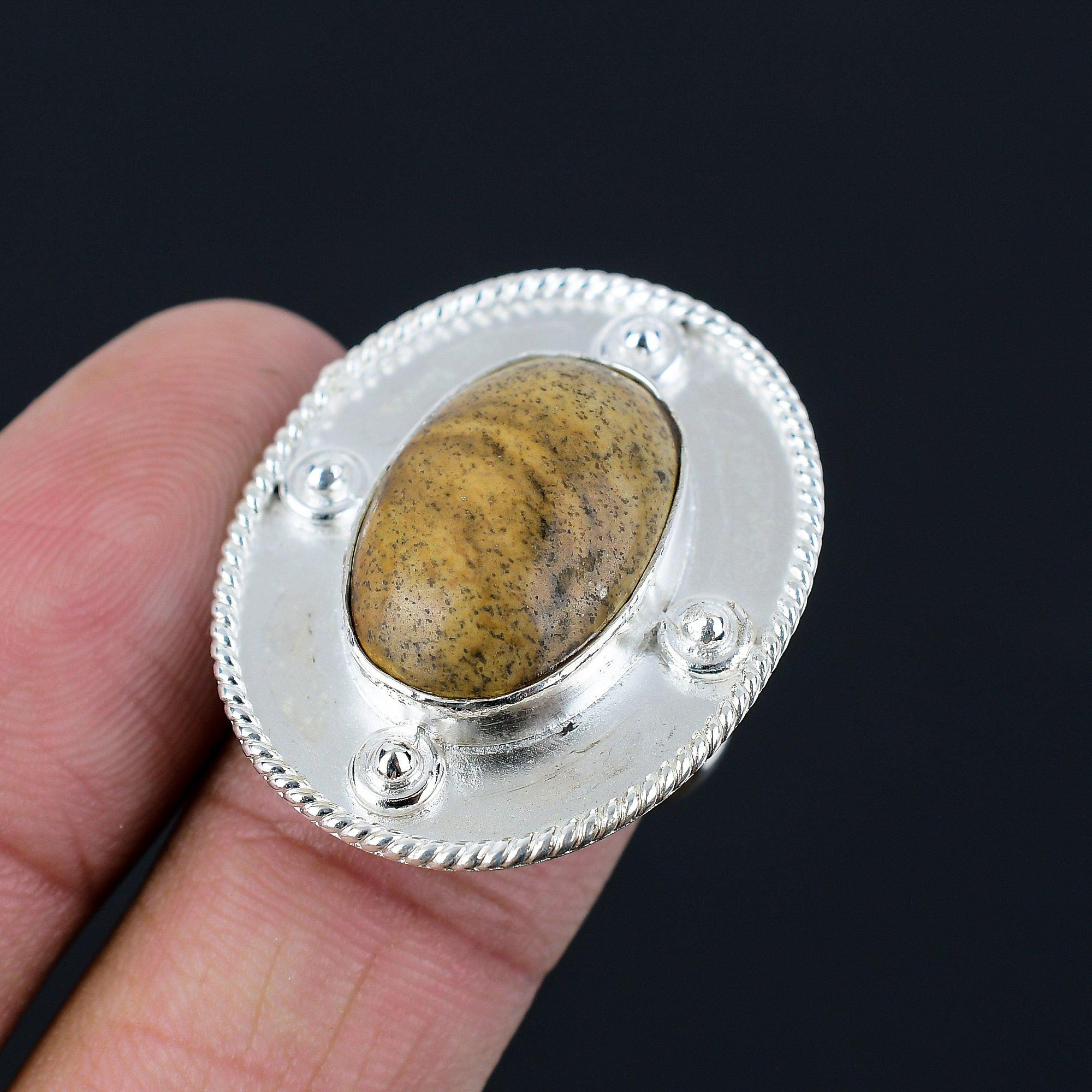 Picture Jasper Gemstone Ethnic Promise Statement Ring Size 8 925 Sterling Silver 8