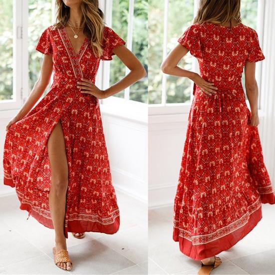 Dress Sexy V-neck Women Floral Print Summer Dress for Holiday