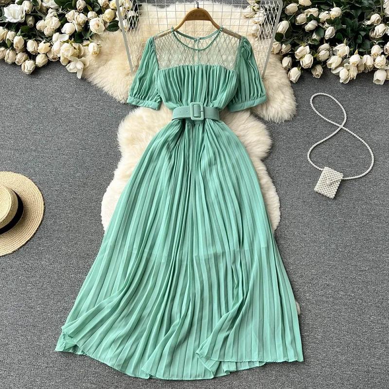 

Женское летнее элегантное шифоновое платье с цветочным поясом, стареющее повседневное плиссированное платье высокого класса с темпераментом one size зелёный