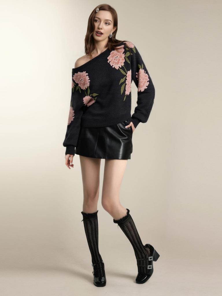 2025 Floral Jacquard Ribbed Cuff Women's Knitwear – Casual Long-Sleeved Sweater