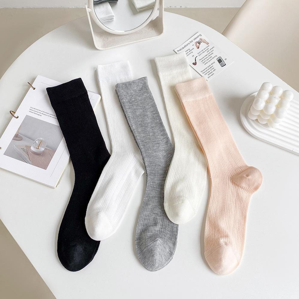 Female Spring and Summer Thin Thin Breathable College Style Solid Color Calf Pile Socks