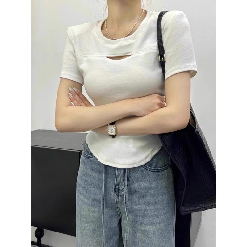 

2026 Women s Slim Fit Short Sleeve Hollow Out Casual T-shirt Extra Large белый