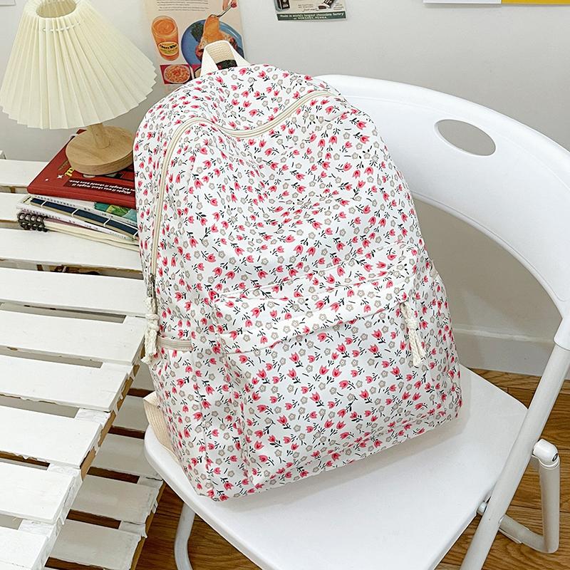Flower Print Backpack Women's School Bag Campus Girls Nylon Backpack