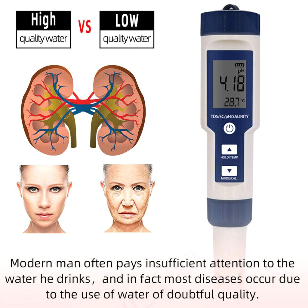 5 in 1 Water Tester Multi-functional Water Quality Tester LCD Digital pH Meter PH EC TDS Salinity Temp Test Tool for Hydroponics