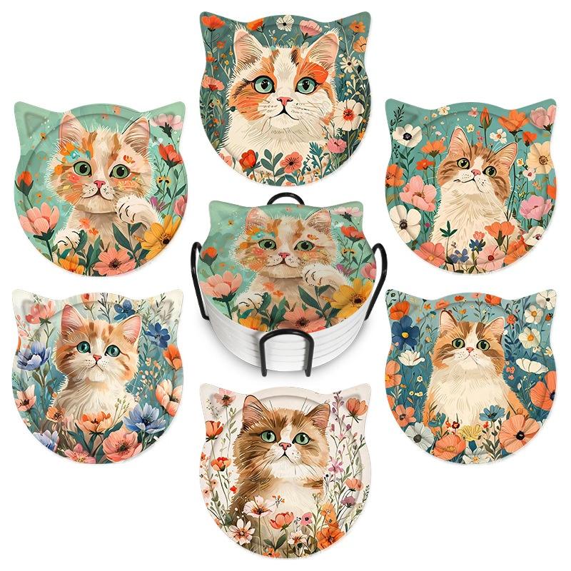 Cat Ceramic Coasters Cork Bottom Coffee Coaster Non-Slip Durable Heat Insulation Mats Home and Decoration Kitchen Utensils