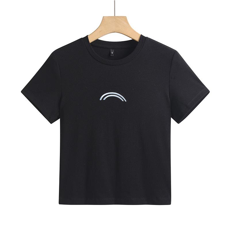 Rainbow Embroidered Short-sleeved Women's T-shirt with Small Round Neck, Simple and Fashionable High-waisted Short Top for Women, Versatile Top