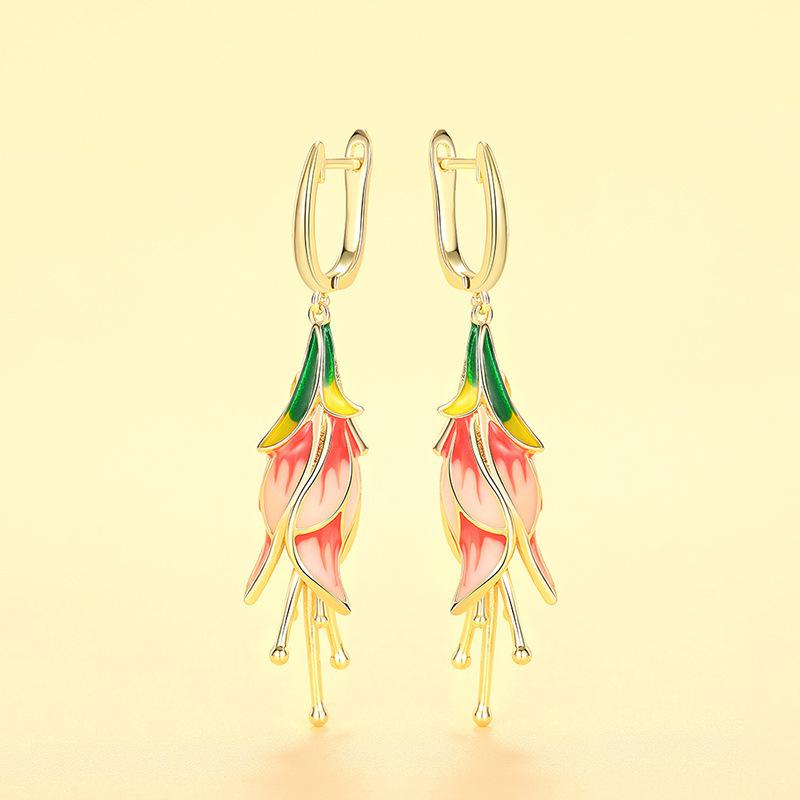 Pendientes de flores de gloria de la mañana para mujer, pendientes de diseño realista con gotas de aceite, pendientes pastorales de moda