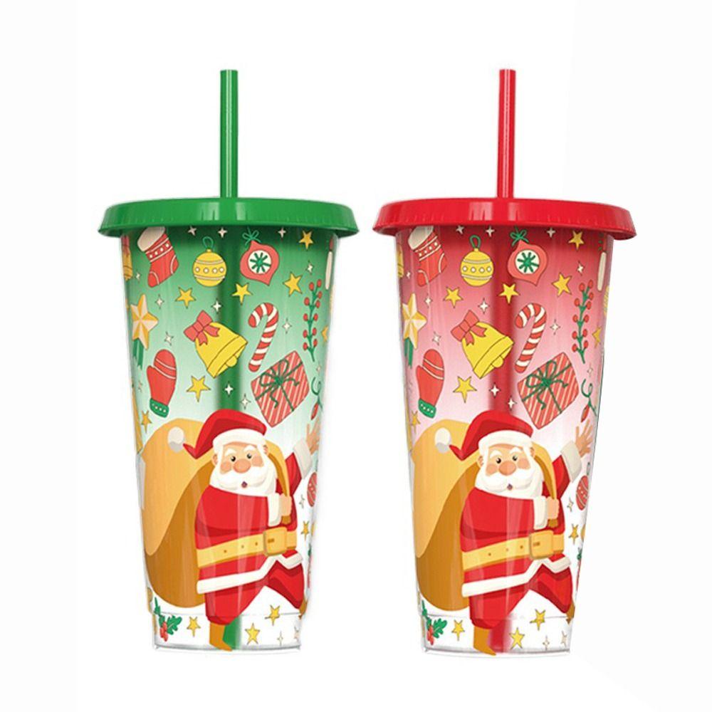New Plastic Color Changing Cup Discoloration Dining Supplies Cold Drink Cup 710ml Reusable Straw Cup Christmas