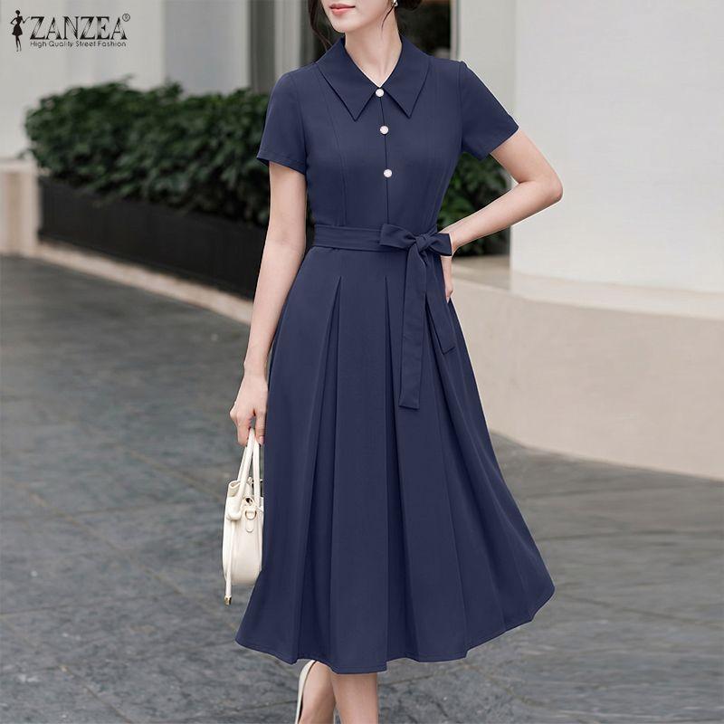 ZANZEA Vestito casual da donna a maniche corte con colletto da bambola dolce