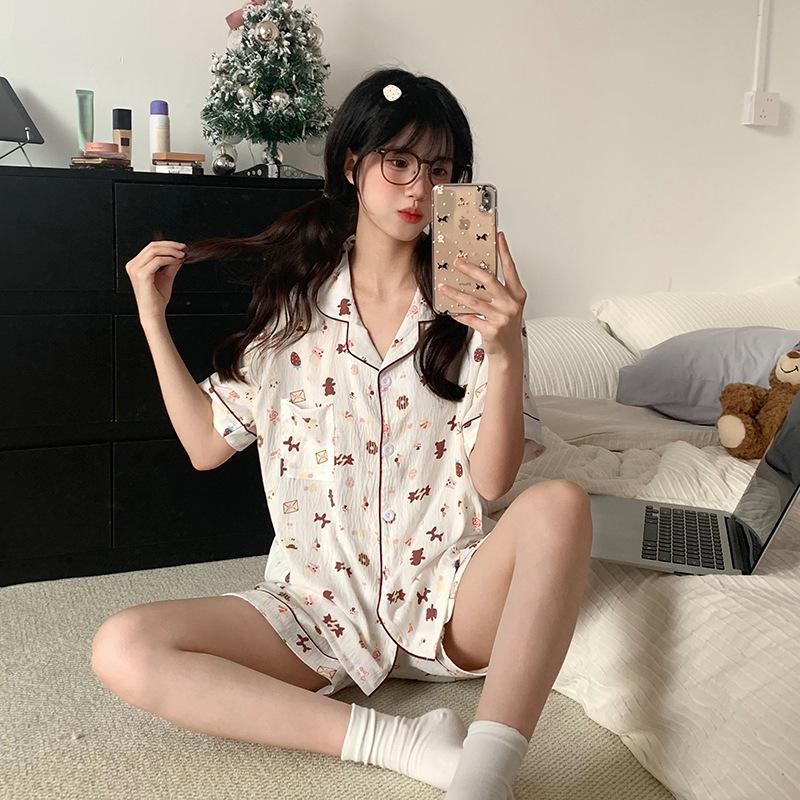 

Women s Summer Pajamas - Double Short Sleeves, Small Lapel, Cloud Cotton Dobby - Sweet Girly Home Wear Set M-L
