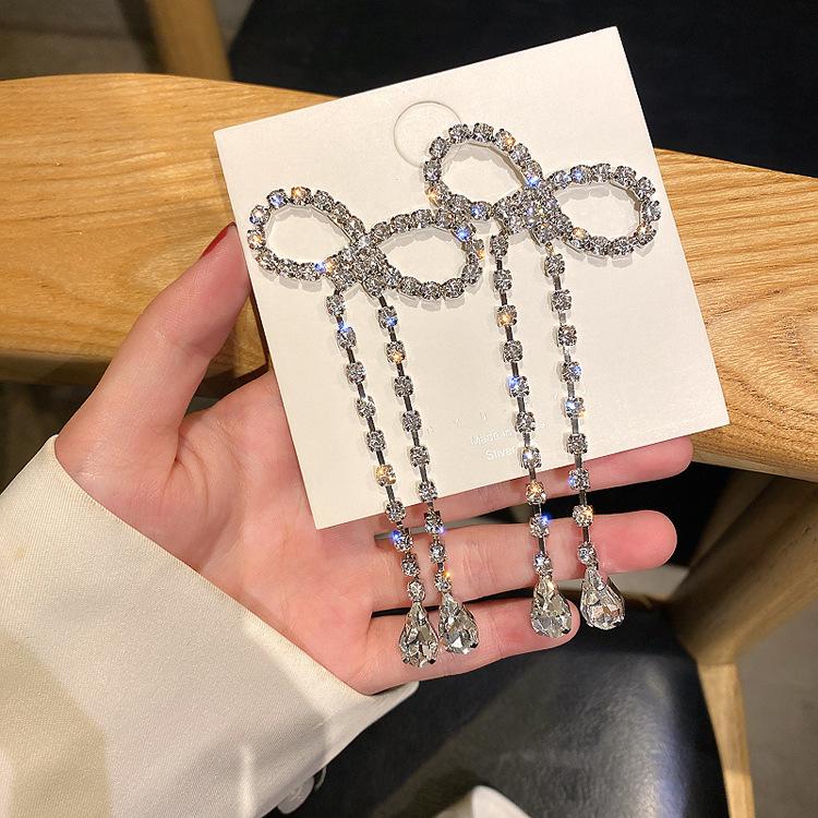 Fashion Long Tassel Full Rhinestone Drop Earrings for Women Bowknot Crystal Dangle Earrings Jewelry Gifts