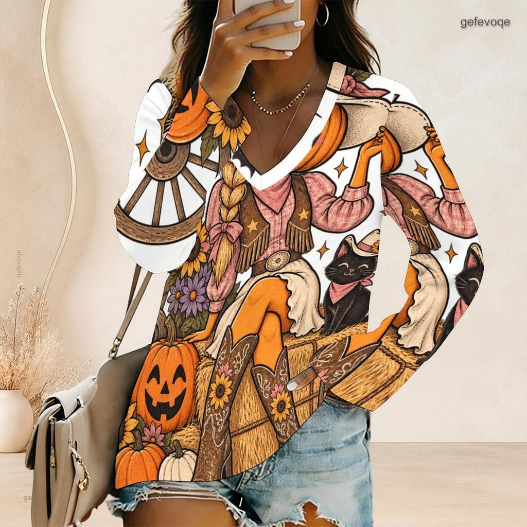 Women Plus Size V Neck Long Sleeve Halloween Panda Ghost Print Top Button Detail Curved Hem