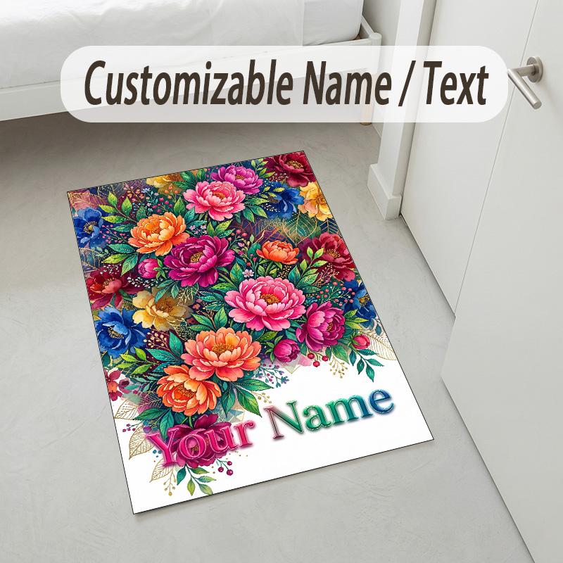 Floral Garden Theme Crystal Velvet Rug Personalized Custom Name Text Soft Floor Mat Home Decor