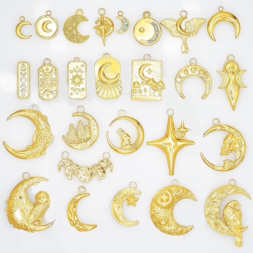 5pcs Personality Real Gold Plated Stainless Steel Skull/Star/Bunny/Witch Moon Pendants For Jewelry Making Earring Charm Breloque