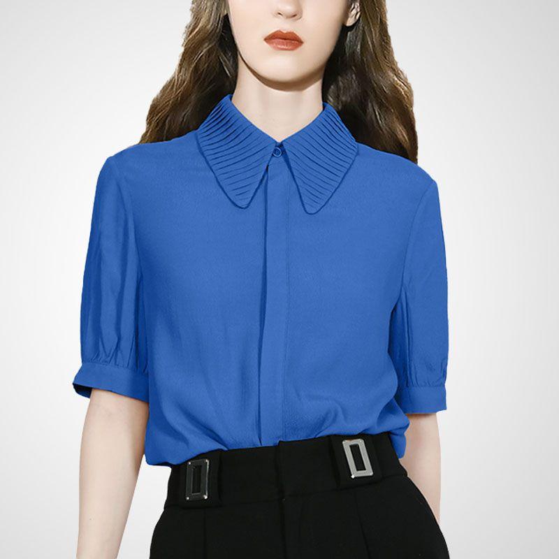 

Fashion Minimalist Temperamental Minority Work Clothing Blue Shirt Women s Summer Five-Quarter Sleeve Fancy Chic Polo Collar Shirt Blue 2XL