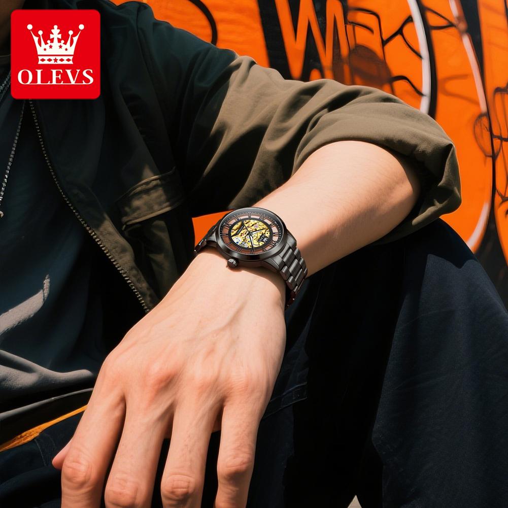 OLEVS Mens Watch Skeleton Automatic Mechanical Watch Stainless Steel Luminous Watches For Man Original Luxury Business Gifts
