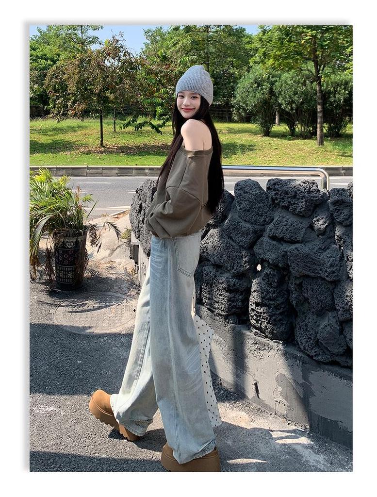 Damskie postarzane retro amerykańskie dżinsy: Jesień 2025 Luźne Szerokie Nogawki z Designem Drapanym