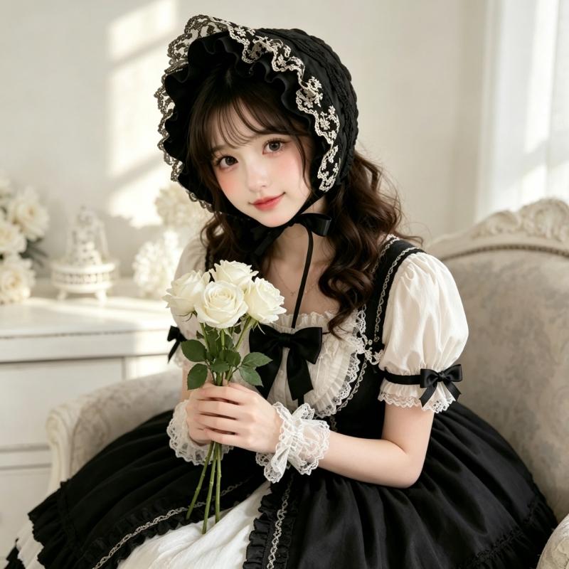 Gekräuselte Spitzenhaube mit Blumenstickerei und faltbarem Design für Cosplay, Anime-Maid und Theaterkostüm-Styling