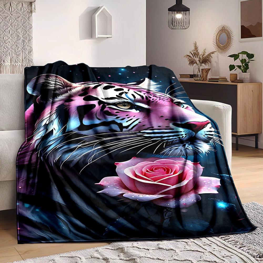 1pc Tiger Rose Print Blanket, Lightweight Flannel Fleece with Digital Printing, Soft Warm for Sofa, Travel, Camping, Office, Couch, Chair, and Bed, Al