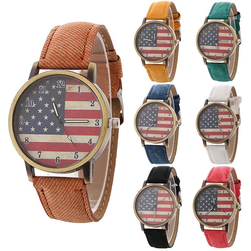 Vintage British Style Quartz Watch With Denim Band And American Flag For Unisex Casual Wear