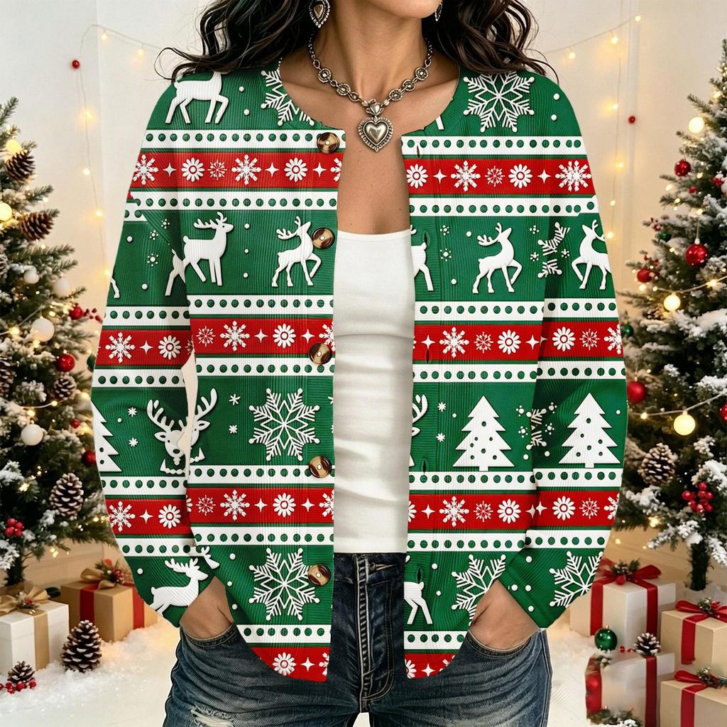 Damen Strickjacke mit langen Ärmeln und Weihnachtsdruck für die Feiertagsparty und den täglichen Gebrauch