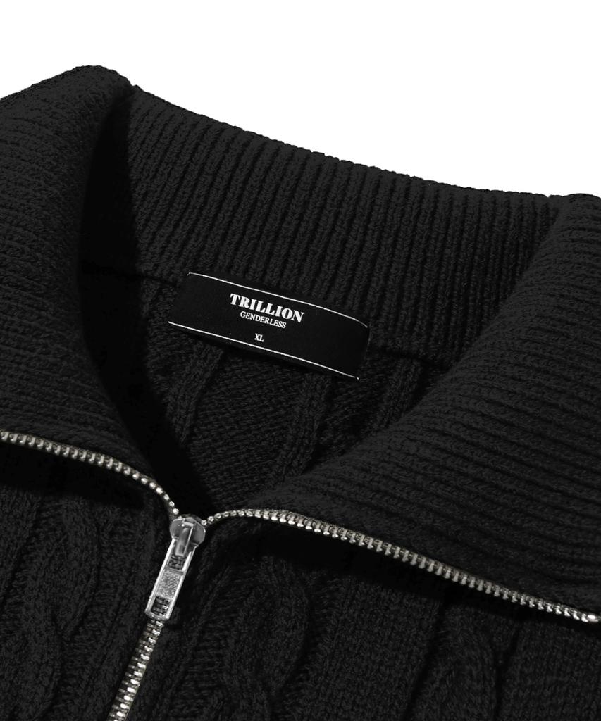 TRILLION Washable Half-Zip Collared Cable Knit (Pure Black)